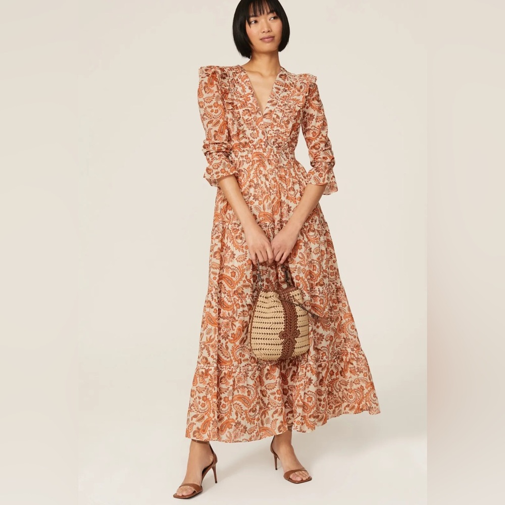 Maje Long Sleeve Dress in Orange and Cream